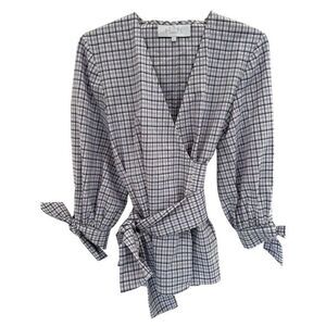 PEARL by Lela Rose Women's Purple‎ Check Wrap Blouse Size S